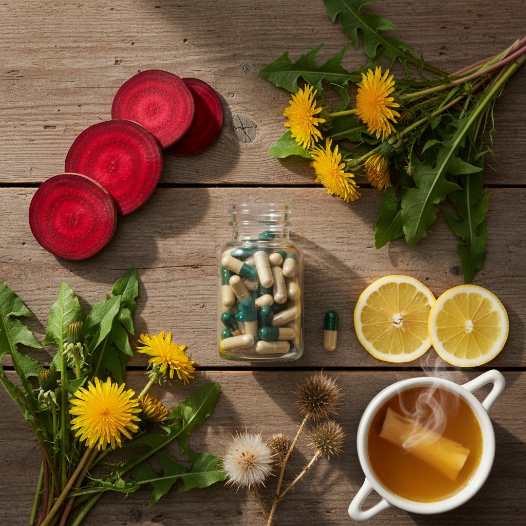 Capsule bottle nestled among fresh beets, dandelion greens, and bone broth on a rustic table